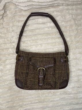 Eddie Bauer Vintage Brown Wool Blend and Leather Shoulder Bag with Buckle Detail